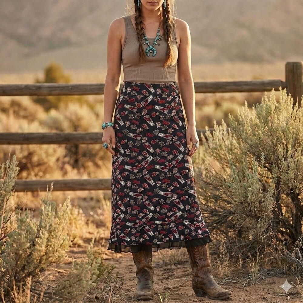 Vintage 90s Sherry Holt Black Maxi Skirt Red Roses Horses Western Cowgirl XL